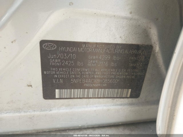 Aukcja sprzedaży 2011 Hyundai Sonata Gls, vin: 5NPEB4ACXBH085600, numer aukcji: 46143159