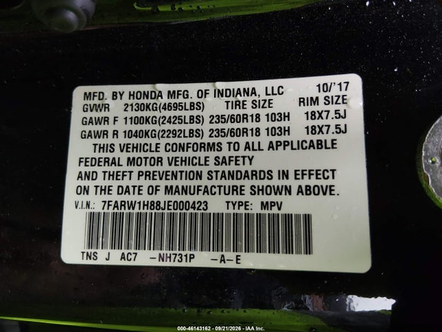 Продажа на аукционе авто 2018 Honda Cr-v Ex-l/ex-l Navi, vin: 7FARW1H88JE000423, номер лота: 46143162