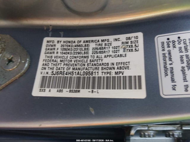 Продажа на аукционе авто 2010 Honda Cr-v Ex, vin: 5J6RE4H51AL095811, номер лота: 46143168