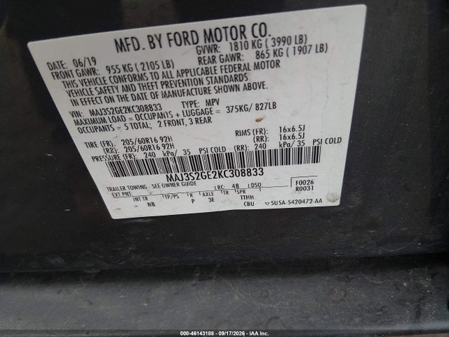 2019 Ford Ecosport Se მანქანა იყიდება აუქციონზე, vin: MAJ3S2GE2KC308833, აუქციონის ნომერი: 46143188