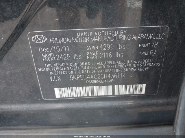 Продаж на аукціоні авто 2012 Hyundai Sonata Gls, vin: 5NPEB4AC2CH436114, номер лоту: 46143198