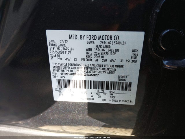 Aukcja sprzedaży 2022 Ford Explorer Limited, vin: 1FMSK8FH4NGB35927, numer aukcji: 46143207
