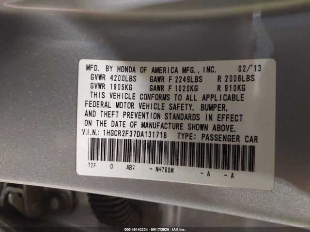 46143224 :رقم المزاد ، 1HGCR2F37DA131718 vin ، 2013 Honda Accord Lx مزاد بيع