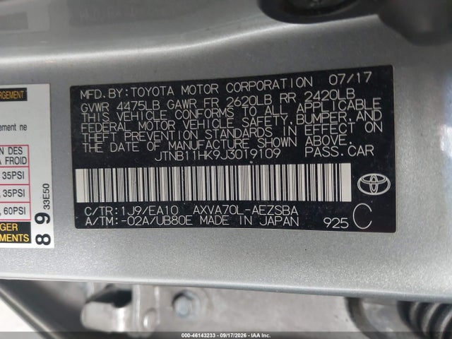 Aukcja sprzedaży 2018 Toyota Camry Se, vin: JTNB11HK9J3019109, numer aukcji: 46143233