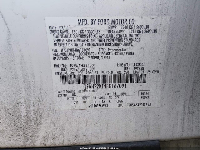 Продаж на аукціоні авто 2011 Ford Taurus Sho, vin: 1FAHP2KT4BG167091, номер лоту: 46143237