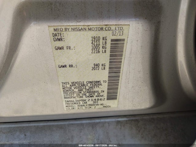 2013 Nissan Altima 2.5 Sl მანქანა იყიდება აუქციონზე, vin: 1N4AL3AP0DC214862, აუქციონის ნომერი: 46143239