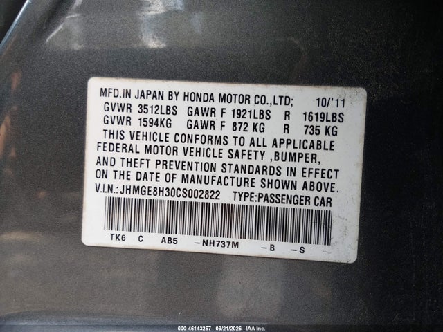 Продажа на аукционе авто 2012 Honda Fit, vin: JHMGE8H30CS002822, номер лота: 46143257