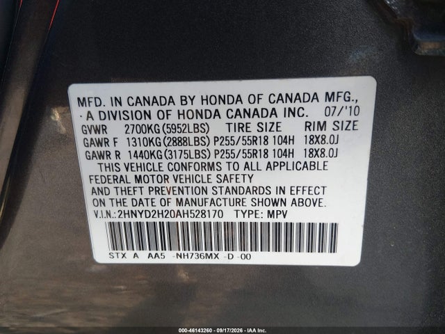 Продаж на аукціоні авто 2010 Acura Mdx, vin: 2HNYD2H20AH528170, номер лоту: 46143260