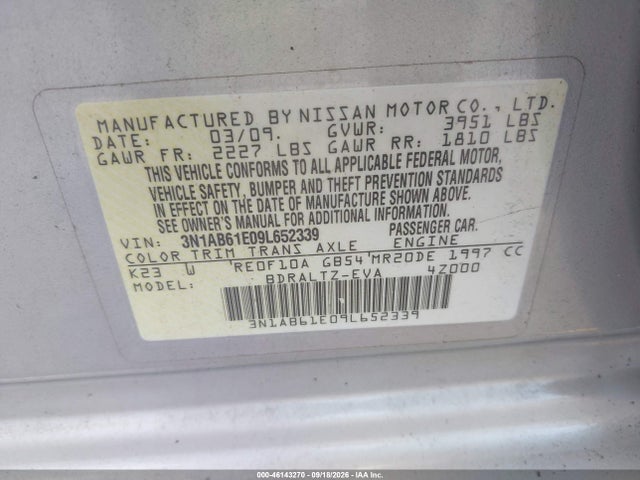 Продаж на аукціоні авто 2009 Nissan Sentra 2.0s, vin: 3N1AB61E09L652339, номер лоту: 46143270