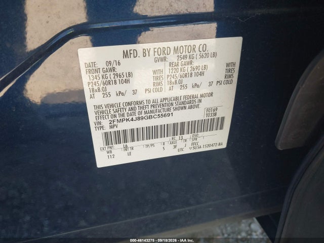 2016 Ford Edge Sel მანქანა იყიდება აუქციონზე, vin: 2FMPK4J89GBC55691, აუქციონის ნომერი: 46143275