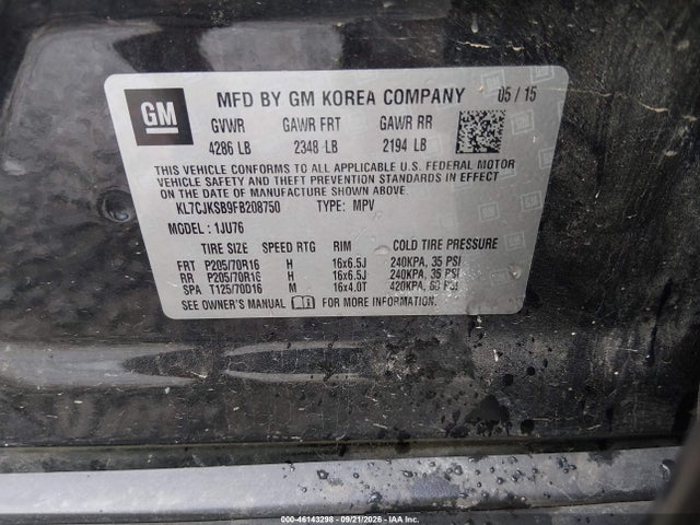 46143298 :رقم المزاد ، KL7CJKSB9FB208750 vin ، 2015 Chevrolet Trax 1ls مزاد بيع