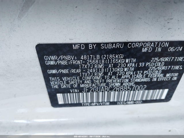 Aukcja sprzedaży 2024 Subaru Crosstrek, vin: JF2GUABC2R8857002, numer aukcji: 46143301