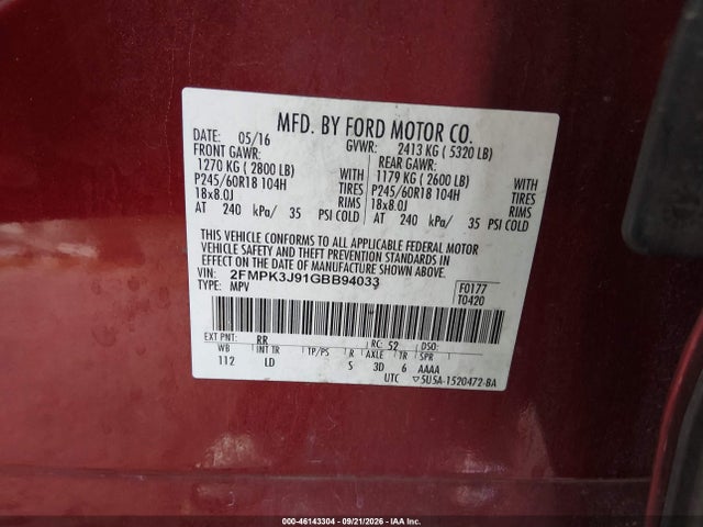 Продаж на аукціоні авто 2016 Ford Edge Sel, vin: 2FMPK3J91GBB94033, номер лоту: 46143304