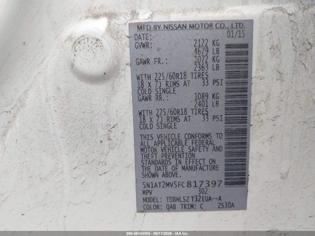 2015 Nissan Rogue Sl მანქანა იყიდება აუქციონზე, vin: 5N1AT2MV5FC817397, აუქციონის ნომერი: 46143305