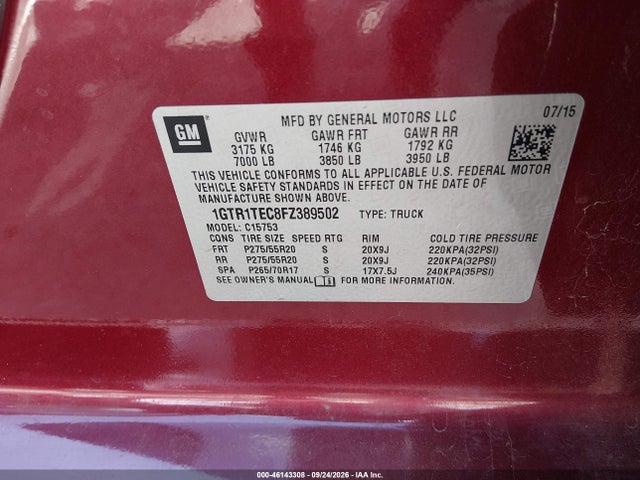 46143308 :رقم المزاد ، 1GTR1TEC8FZ389502 vin ، 2015 Gmc Sierra 1500 مزاد بيع