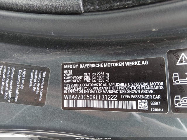 46143309 :رقم المزاد ، WBA4Z3C50KEF31222 vin ، 2019 Bmw 430i Xdrive مزاد بيع