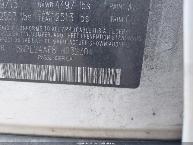 2015 Hyundai Sonata Se მანქანა იყიდება აუქციონზე, vin: 5NPE24AF8FH232304, აუქციონის ნომერი: 46143320