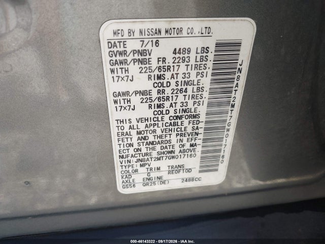 Aukcja sprzedaży 2016 Nissan Rogue S, vin: JN8AT2MT7GW017160, numer aukcji: 46143322