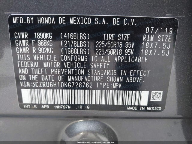 Aukcja sprzedaży 2019 Honda Hr-v Sport, vin: 3CZRU6H10KG728762, numer aukcji: 46143323