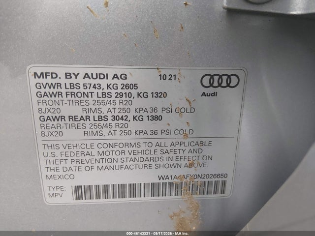 Aukcja sprzedaży 2022 Audi Sq5 Premium, vin: WA1A4AFY0N2026650, numer aukcji: 46143331