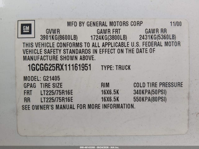 46143358 :رقم المزاد ، 1GCGG25RX11161951 vin ، 2001 Chevrolet Express مزاد بيع