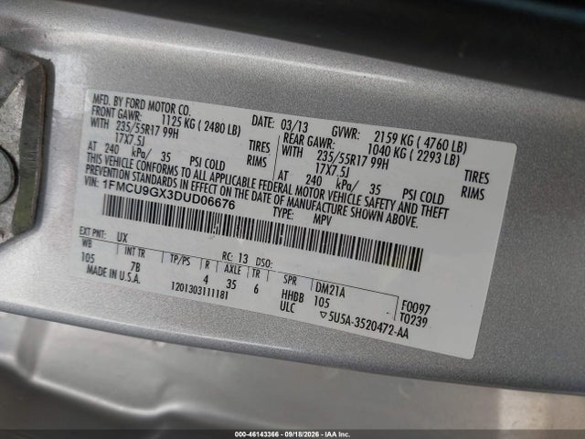 46143366 :رقم المزاد ، 1FMCU9GX3DUD06676 vin ، 2013 Ford Escape Se مزاد بيع