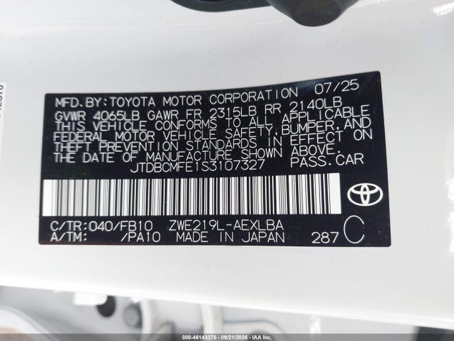 2025 Toyota Corolla Hybrid Le მანქანა იყიდება აუქციონზე, vin: JTDBCMFE1S3107327, აუქციონის ნომერი: 46143378