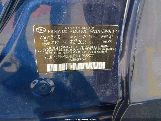 Продаж на аукціоні авто 2017 Hyundai Elantra Limited, vin: 5NPD84LF0HH058822, номер лоту: 46143379