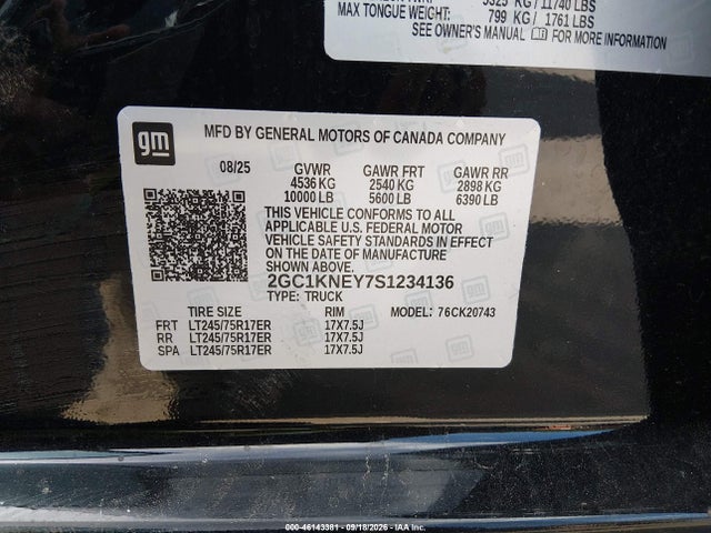 46143381 :رقم المزاد ، 2GC1KNEY7S1234136 vin ، 2025 Chevrolet Silverado 2500hd 4wd  Standard Bed Lt مزاد بيع