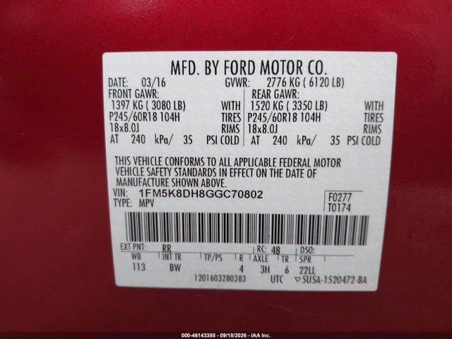Продаж на аукціоні авто 2016 Ford Explorer Xlt, vin: 1FM5K8DH8GGC70802, номер лоту: 46143388