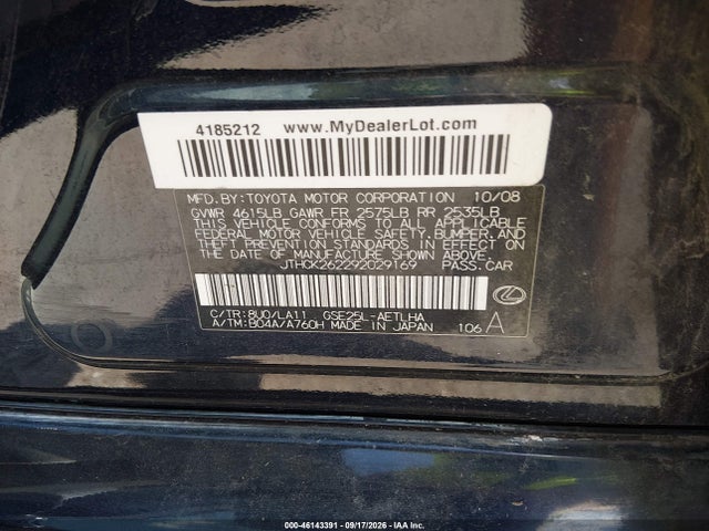 Продаж на аукціоні авто 2009 Lexus Is 250, vin: JTHCK262292029169, номер лоту: 46143391