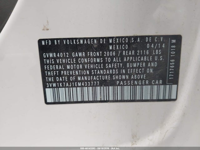 Aukcja sprzedaży 2014 Volkswagen Jetta 2.0l S, vin: 3VW1K7AJ1EM433777, numer aukcji: 46143393