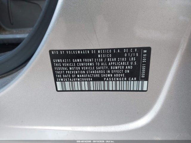 2015 Volkswagen Jetta 2.0l S მანქანა იყიდება აუქციონზე, vin: 3VW2K7AJ6FM286684, აუქციონის ნომერი: 46143398
