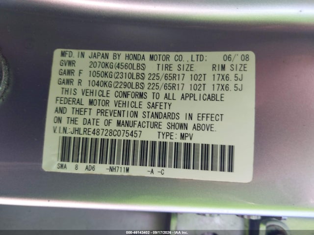 Aukcja sprzedaży 2008 Honda Cr-v Ex-l, vin: JHLRE48728C075457, numer aukcji: 46143402