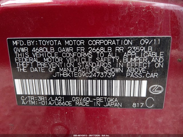 Aukcja sprzedaży 2012 Lexus Es 350, vin: JTHBK1EG9C2473739, numer aukcji: 46143413