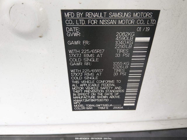 46143414 :رقم المزاد ، KNMAT2MT8KP530710 vin ، 2019 Nissan Rogue Sv مزاد بيع