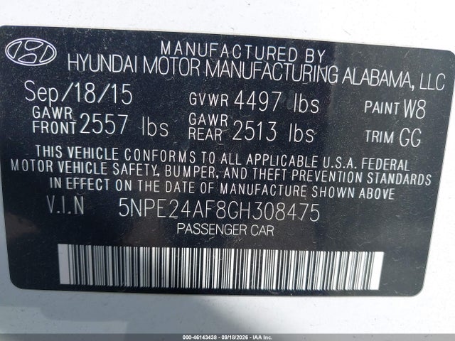 46143438 :رقم المزاد ، 5NPE24AF8GH308475 vin ، 2016 Hyundai Sonata Se مزاد بيع