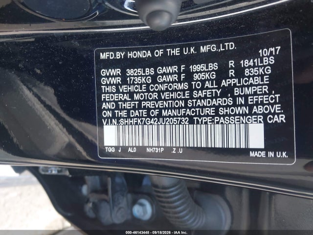 2018 Honda Civic Sport მანქანა იყიდება აუქციონზე, vin: SHHFK7G42JU205732, აუქციონის ნომერი: 46143448