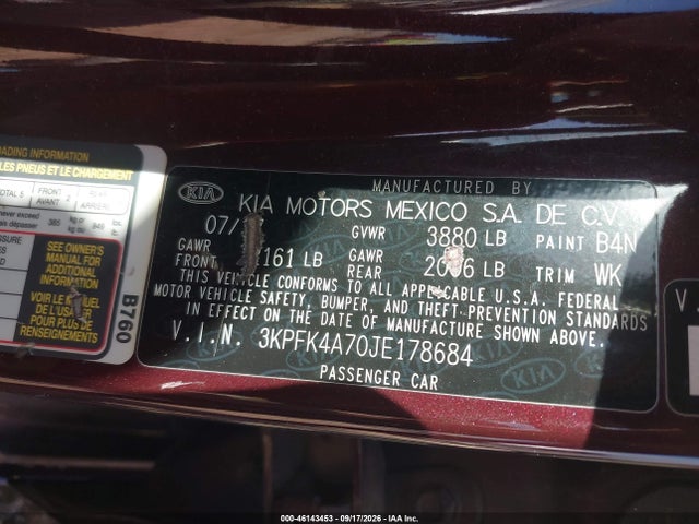 Aukcja sprzedaży 2018 Kia Forte Lx, vin: 3KPFK4A70JE178684, numer aukcji: 46143453