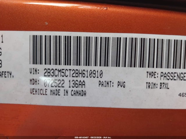 2011 Dodge Charger R/t მანქანა იყიდება აუქციონზე, vin: 2B3CM5CT2BH610910, აუქციონის ნომერი: 46143487