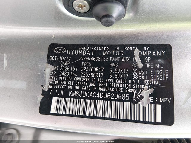 2013 Hyundai Tucson Gls მანქანა იყიდება აუქციონზე, vin: KM8JUCAC4DU620685, აუქციონის ნომერი: 46143504