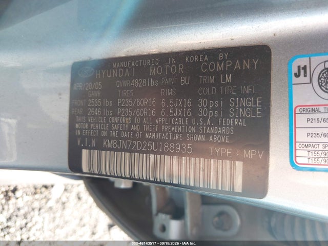 46143517 :رقم المزاد ، KM8JN72D25U188935 vin ، 2005 Hyundai Tucson Gls/lx مزاد بيع
