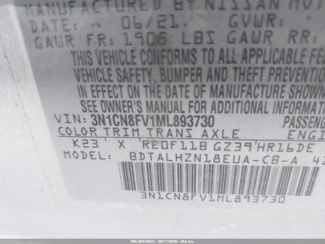Aukcja sprzedaży 2021 Nissan Versa Sr Xtronic Cvt, vin: 3N1CN8FV1ML893730, numer aukcji: 46143522