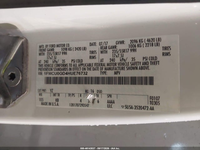 Продаж на аукціоні авто 2017 Ford Escape Se, vin: 1FMCU0GD4HUE76732, номер лоту: 46143537