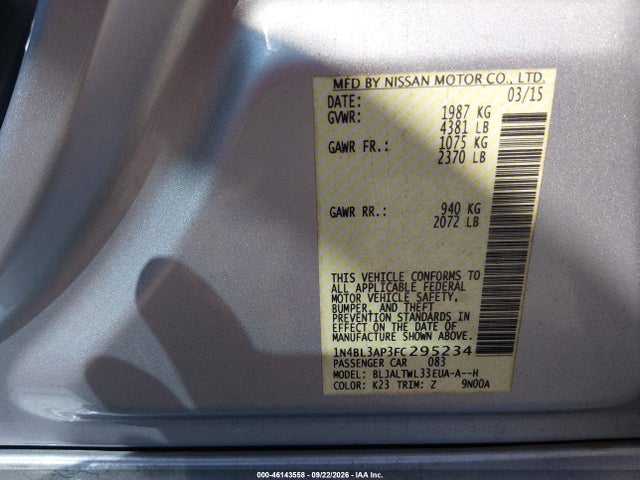 2015 Nissan Altima 3.5 Sl მანქანა იყიდება აუქციონზე, vin: 1N4BL3AP3FC295234, აუქციონის ნომერი: 46143558