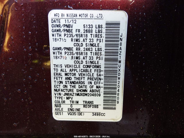 Продажа на аукционе авто 2013 Nissan Murano S, vin: JN8AZ1MUXDW204809, номер лота: 46143573