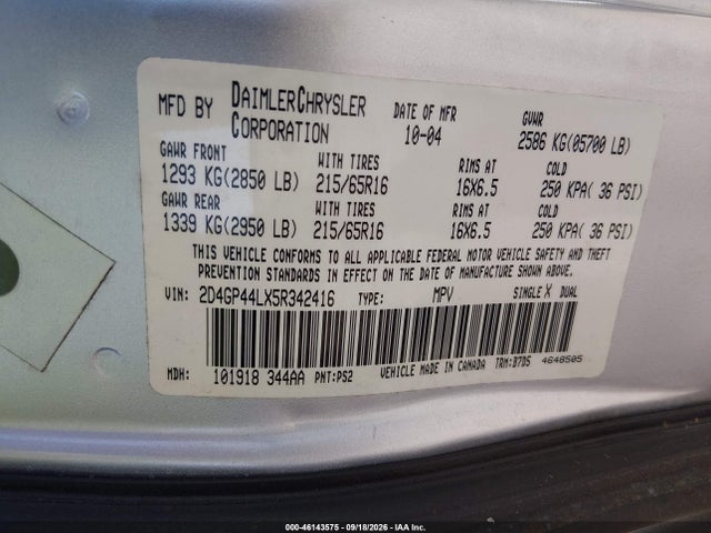 46143575 :رقم المزاد ، 2D4GP44LX5R342416 vin ، 2005 Dodge Grand Caravan Sxt مزاد بيع