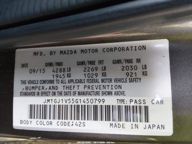 46143591 :رقم المزاد ، JM1GJ1V55G1450799 vin ، 2016 Mazda Mazda6 I Touring مزاد بيع