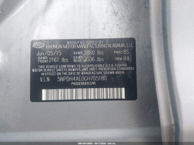 2016 Hyundai Elantra Se მანქანა იყიდება აუქციონზე, vin: 5NPDH4AE0GH705180, აუქციონის ნომერი: 46143605