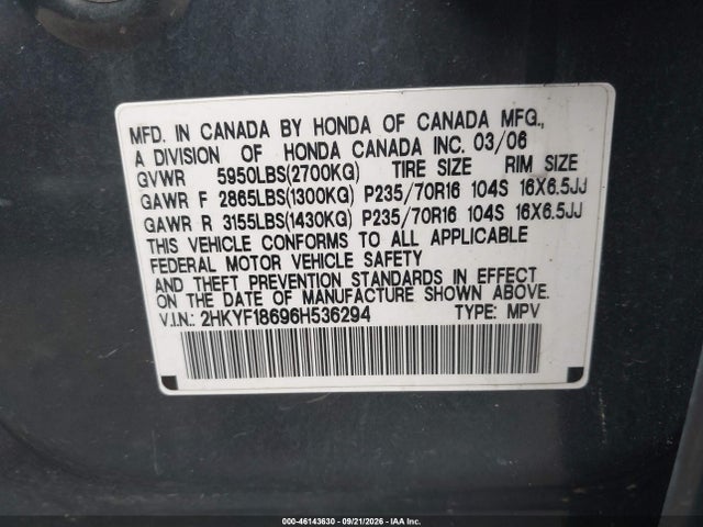 Продаж на аукціоні авто 2006 Honda Pilot Ex-l, vin: 2HKYF18696H536294, номер лоту: 46143630